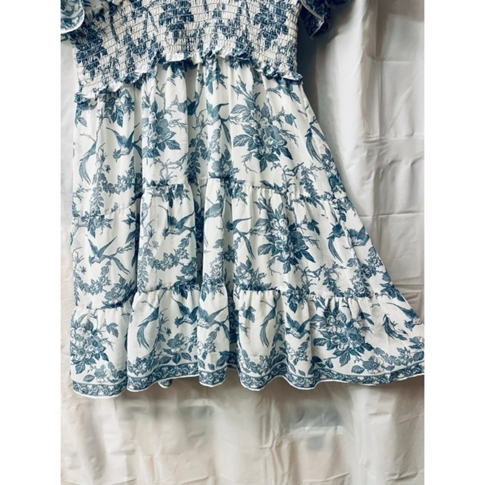 Max Studio Blue Toile de Jouy Bird Floral Smocked Tiered Ruffle Dress Sz S/M - Picture 4 of 10